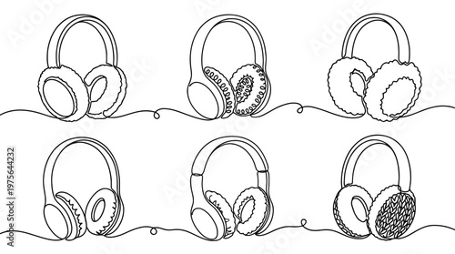 ear muffs , six black Continuous Line Art (Single Line) vector set collection , white background , PNG and SVG