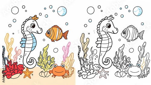Children’s coloring book page featuring a cheerful underwater scene seahorse, starfish, and crab