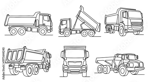 dump truck , six black Continuous Line Art (Single Line) vector set collection , white background , PNG and SVG