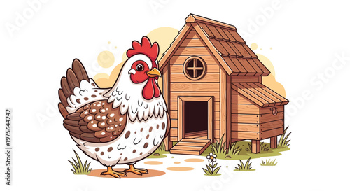 A colorful cartoon hen stands near a wooden chicken coop outdoors
