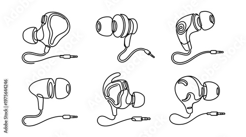 earbuds , six black Continuous Line Art (Single Line) vector set collection , white background , PNG and SVG