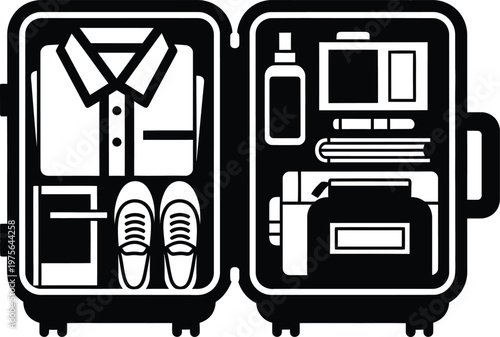 Open Suitcase Packed With Clothes, Shoes, Toiletries, and Travel Essentials