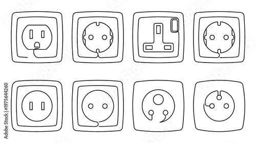 electrical outlet , six black Continuous Line Art (Single Line) vector set collection , white background , PNG and SVG