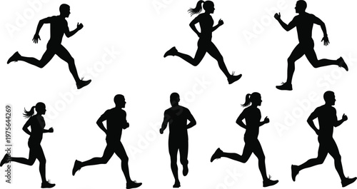 Silhouette Collection of Male and Female Runners in Various Poses for Sports, Fitness, and Active Lifestyle Designs