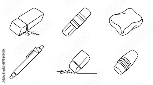 eraser , six black Continuous Line Art (Single Line) vector set collection , white background , PNG and SVG