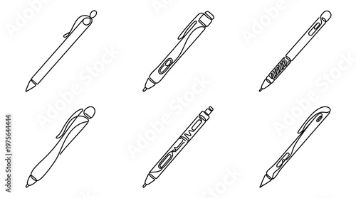 electronic stylus , six black Continuous Line Art (Single Line) vector set collection , white background , PNG and SVG