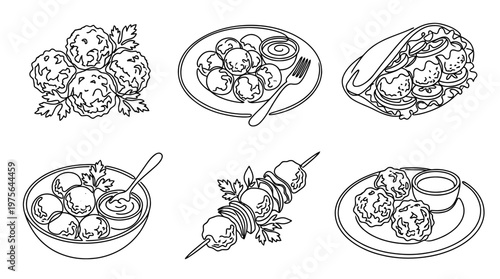 falafel , six black Continuous Line Art (Single Line) vector set collection , white background , PNG and SVG