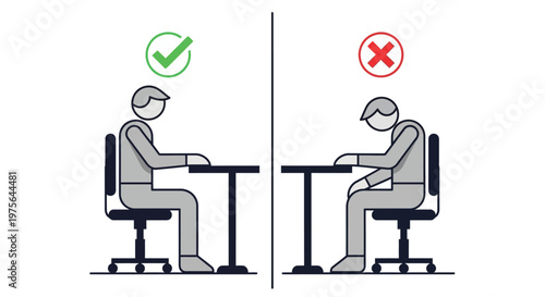 Correct and incorrect posture illustrated with figures at desks