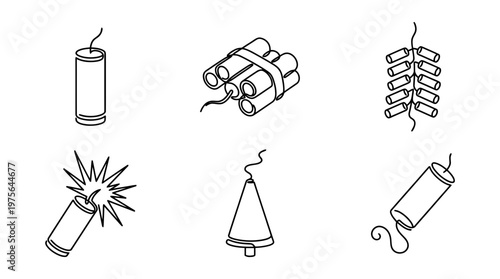 firecracker , six black Continuous Line Art (Single Line) vector set collection , white background , PNG and SVG
