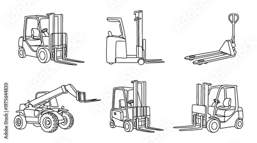 forklift , six black Continuous Line Art (Single Line) vector set collection , white background , PNG and SVG