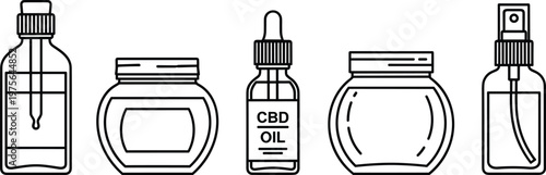 Collection of Various Cosmetic Bottles, CBD Oil, and Skincare Containers in Minimalist Outline Style for Beauty and Wellness Designs.