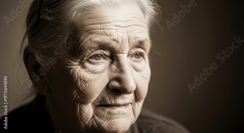 Close up portrait reveals deep wrinkles and thoughtful expression on elderly woman's face