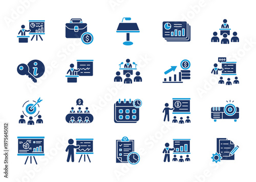 Business presentation thin solid icon set. Containing business, keynote, slides, seminar, key information, presenter, conference, graph, explanation, audience