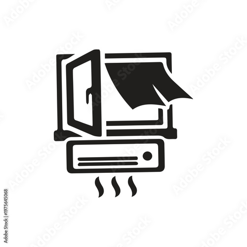 Window with open pane and blowing curtain over air conditioner unit cooling room