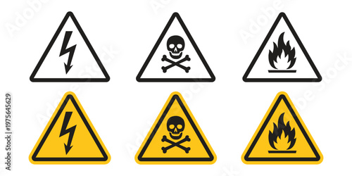 Caution signs set. Warning triangular caution shape signs with various danger symbols. Fire warning, hazard danger, high voltage icon. Attention, risk, flammable, skull, bone vector illustration