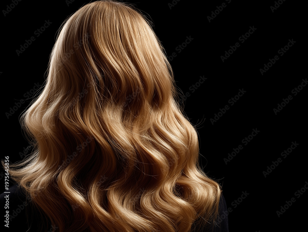Naklejka premium The rear view of a woman with long, shiny, perfectly styled honey-blonde hair falling in luxurious waves.