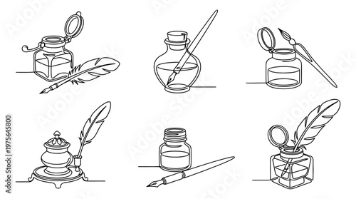 inkwell , six black Continuous Line Art (Single Line) vector set collection , white background , PNG and SVG
