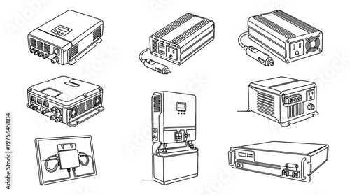 inverter , six black Continuous Line Art (Single Line) vector set collection , white background , PNG and SVG