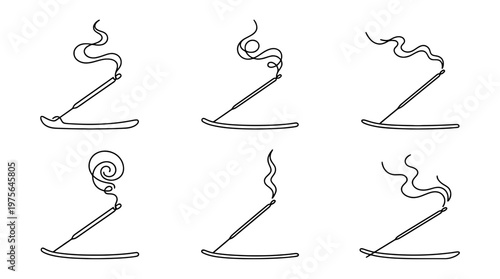 incense stick , six black Continuous Line Art (Single Line) vector set collection , white background , PNG and SVG