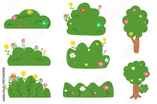 Vector collection of shrubs with beautiful flowers, for seasonal elements of greeting cards, social media and book covers