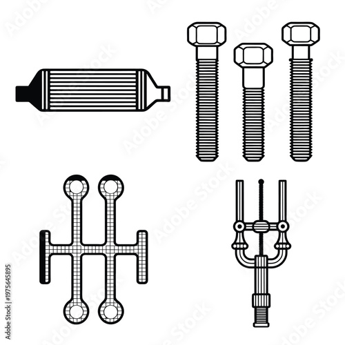 Automotive Hardware and Manual Gearbox Shifter Line Art Set