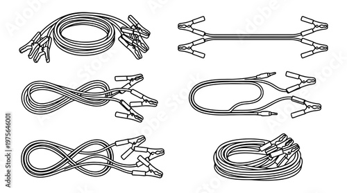 jumper cables , six black Continuous Line Art (Single Line) vector set collection , white background , PNG and SVG