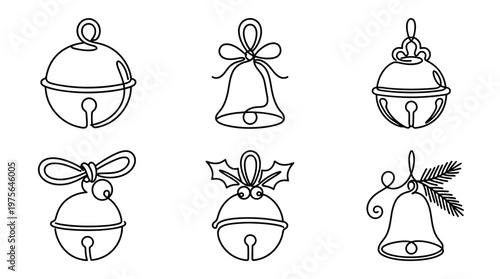 jingle bell , six black Continuous Line Art (Single Line) vector set collection , white background , PNG and SVG