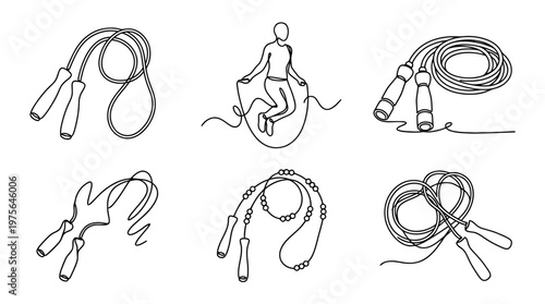 jump rope , six black Continuous Line Art (Single Line) vector set collection , white background , PNG and SVG