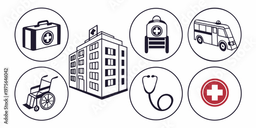 Assorted graphic design elements including icons, symbols and geometric shapes