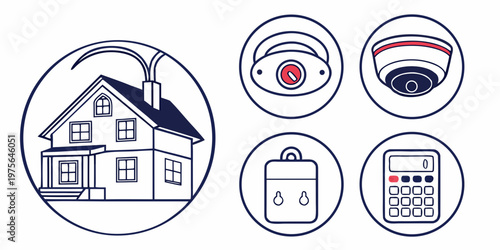 Icon set illustrating concepts of home, security, and calendar