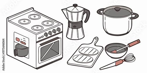 Collection of vintage-style kitchen tools including a whisk, colander, and measuring cups