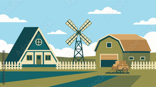 Minimalist vector illustration of a rural farm landscape with house, windmill, and barn