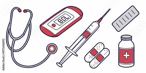 A collection of dental hygiene tools including toothbrush, toothpaste, floss, and mouthwash