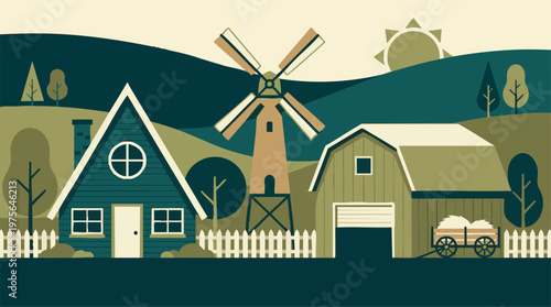 Stylized Rural Farm Landscape with House, Windmill, Barn, and Sun