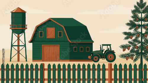 Minimalist farm scene with barn, water tower, tractor, and pine tree