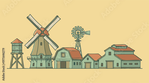 Rural Farm Landscape Illustration with Barns, Windmills, and Water Tower