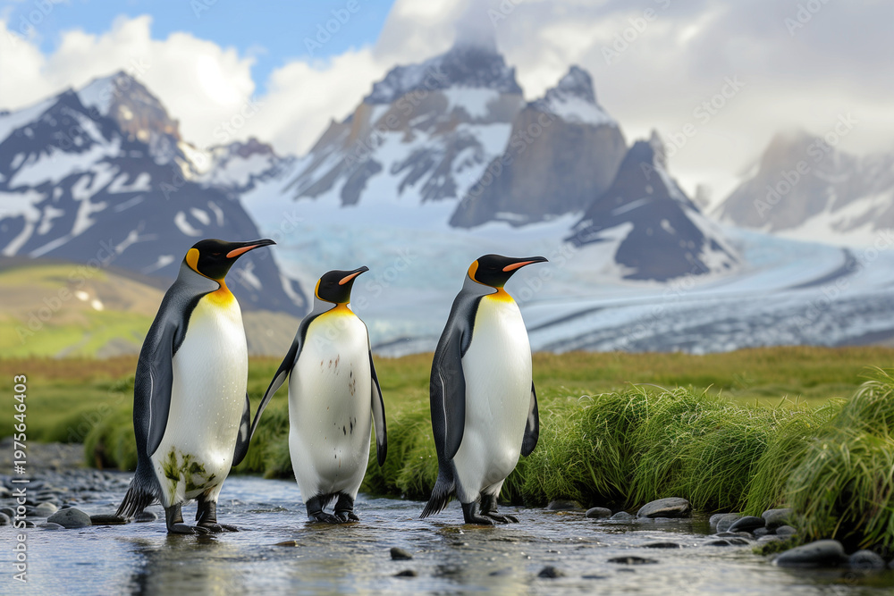 Fototapeta premium Group of king penguins standing in a stream with a mountainous landscape