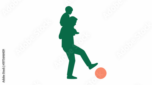 Father and son silhouette playing soccer, minimalist graphic illustration