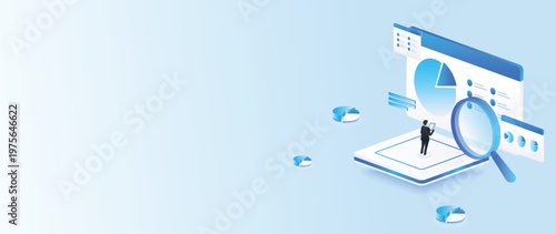 Isometric stock market data analysis with magnifying glass, business financial analytics dashboard, and stock market research concept web banner.