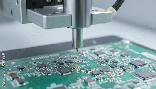Automated SMT pick and place machine nozzle holding micro capacitor over PCB