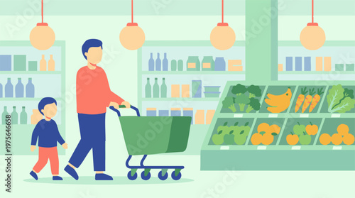 Father and son shopping for fresh groceries in a supermarket aisle
