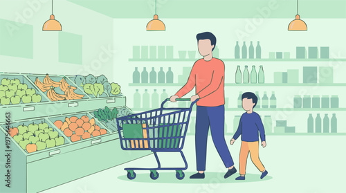 Father and son shopping for groceries in a bright supermarket aisle