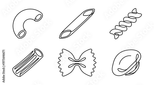 macaroni , six black Continuous Line Art (Single Line) vector set collection , white background , PNG and SVG