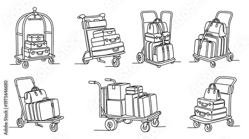 luggage cart , six black Continuous Line Art (Single Line) vector set collection , white background , PNG and SVG