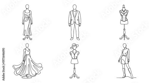mannequin , six black Continuous Line Art (Single Line) vector set collection , white background , PNG and SVG
