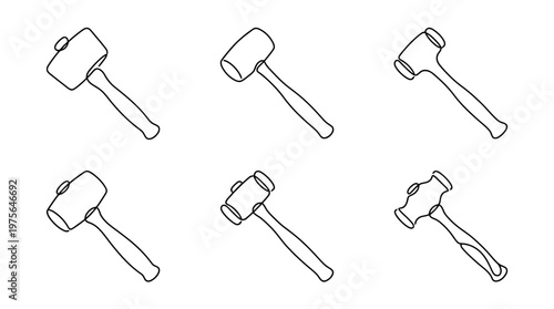 mallet , six black Continuous Line Art (Single Line) vector set collection , white background , PNG and SVG