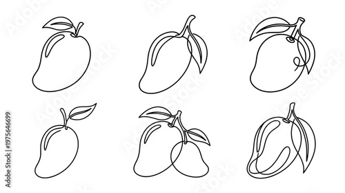 mango , six black Continuous Line Art (Single Line) vector set collection , white background , PNG and SVG