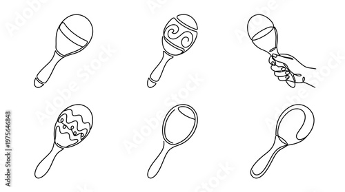 maraca , six black Continuous Line Art (Single Line) vector set collection , white background , PNG and SVG