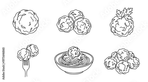 meatball , six black Continuous Line Art (Single Line) vector set collection , white background , PNG and SVG