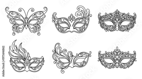 masquerade mask , six black Continuous Line Art (Single Line) vector set collection , white background , PNG and SVG